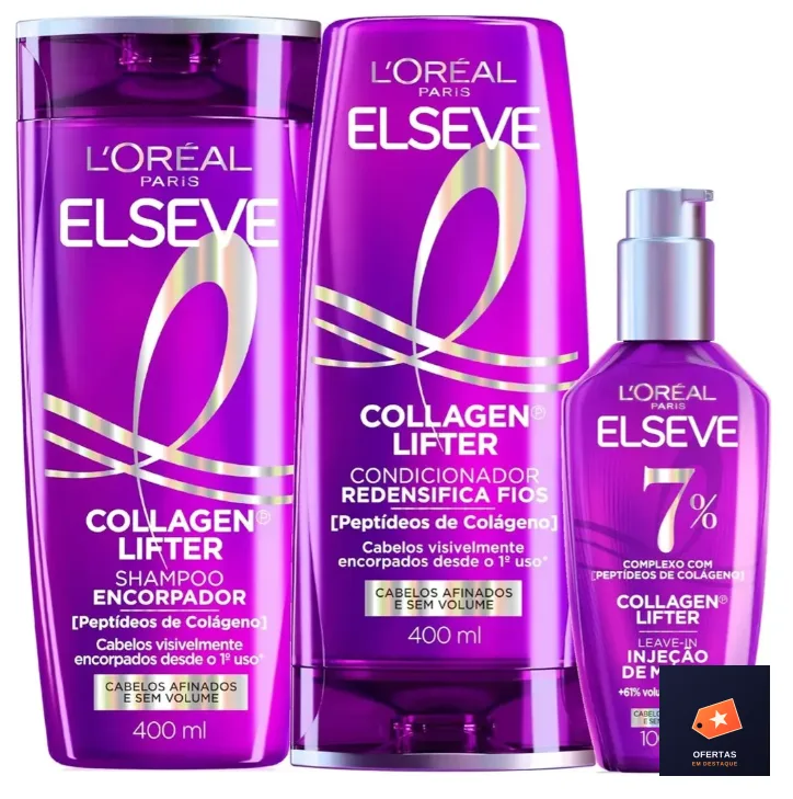 LOréal Paris Elseve Collagen Lifter Kit Shampoo, Condicionador e Sérum Leave-in com Peptídeos e Proteção Térmica para Cabelos Finos, Volume em 3D, 400ml + 400ml + 100ml — LOréal Paris — Eletrônicos